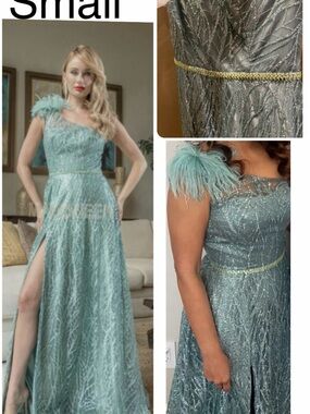 One-Shoulder Feather Accent Evening Gown in Seafoam by